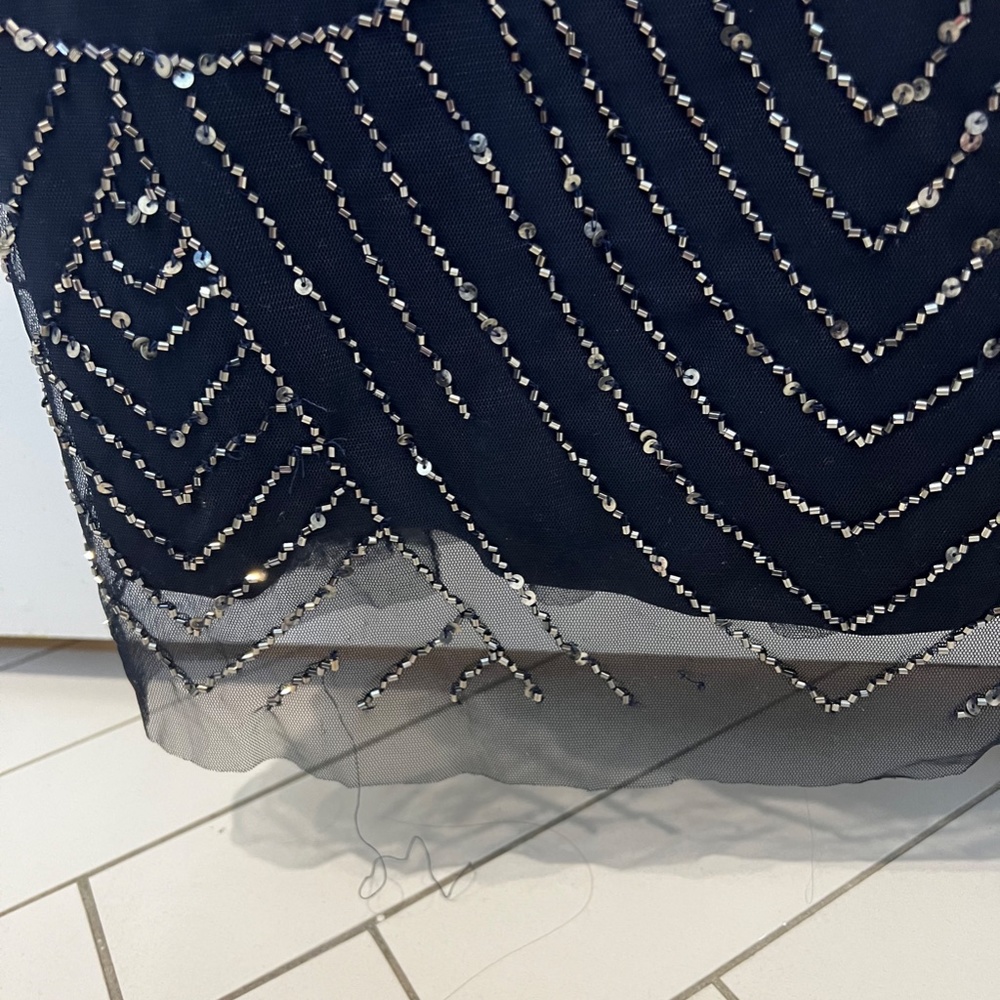 Adrianna Papell Art Deco Beaded Blouson Navy Full Length Formal Gown - Picture 14 of 14